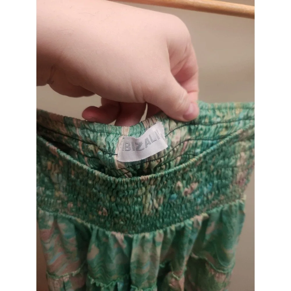 Ibiza Line Womens Green‎ Pink Floral Smocked High Low Tiered Ruffle Skirt Boho